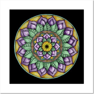 Floral Mandala with Purple Flowers & Green Leaves Posters and Art